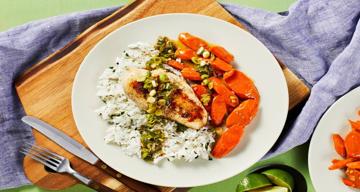 Chicken Cutlets with Scallion Sriracha Pesto over Cilantro Rice with Ginger Soy Carrots