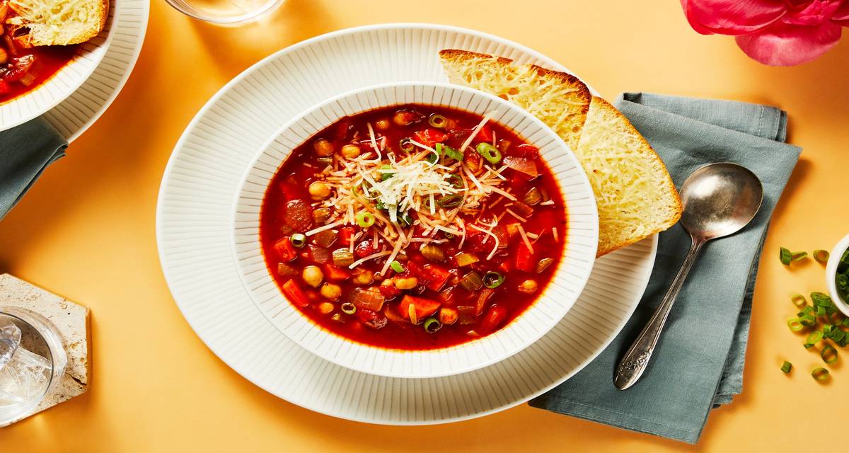 Italian Tomato and Chickpea Soup with Cheesy Ciabatta Garlic Bread
