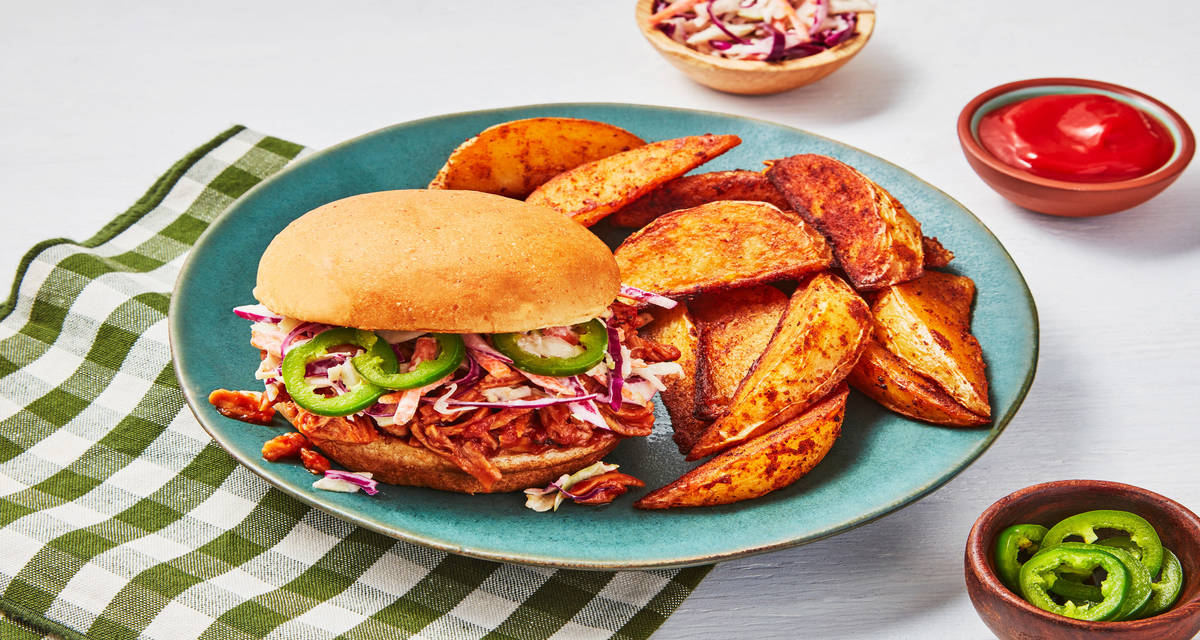 Picnic Pulled BBQ Chicken Sandwiches with Slaw, Pickled Jalapeño & Potato Wedges