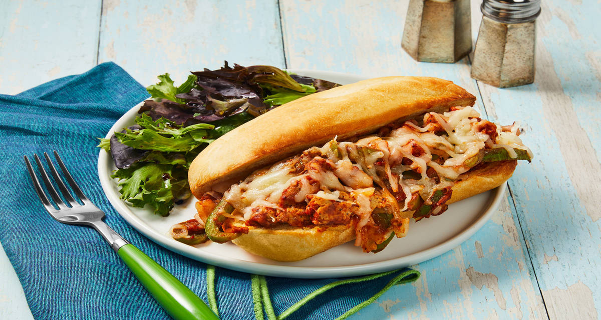 Gametime Chicken Sausage & Pepper Subs with Mixed Green Salad & Balsamic Vinaigrette