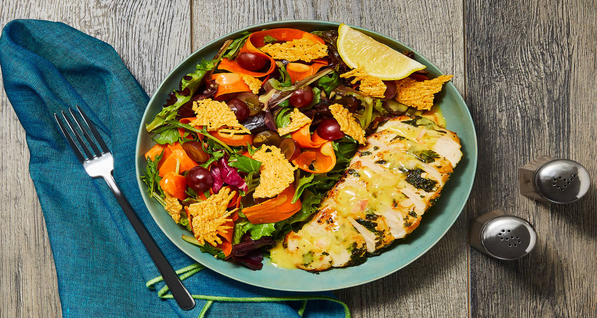 Garlic Herb Chicken with Grape Frico Salad and Honey Dijon–Shallot Dressing