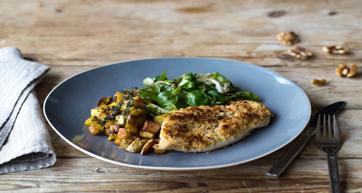 Rosemary-Walnut Crusted Chicken with Roasted Potatoes & Mixed Green Salad-image