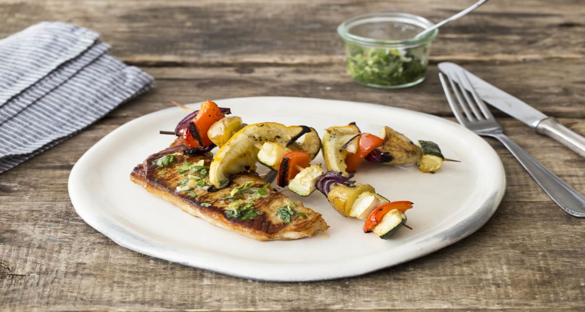Pan-Seared Pork Chops with Summer Vegetable Kebabs & Oregano-Mint Pesto-image