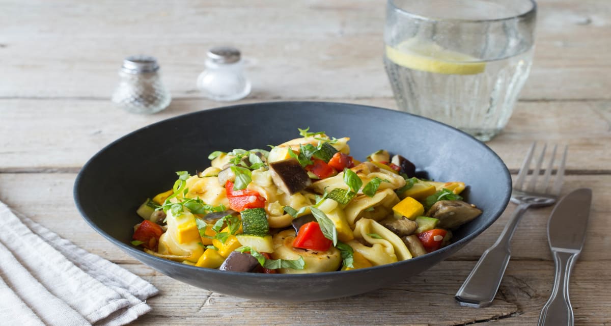 Summer Ratatouille with Fresh Tortellini and Basil Chiffonade-image