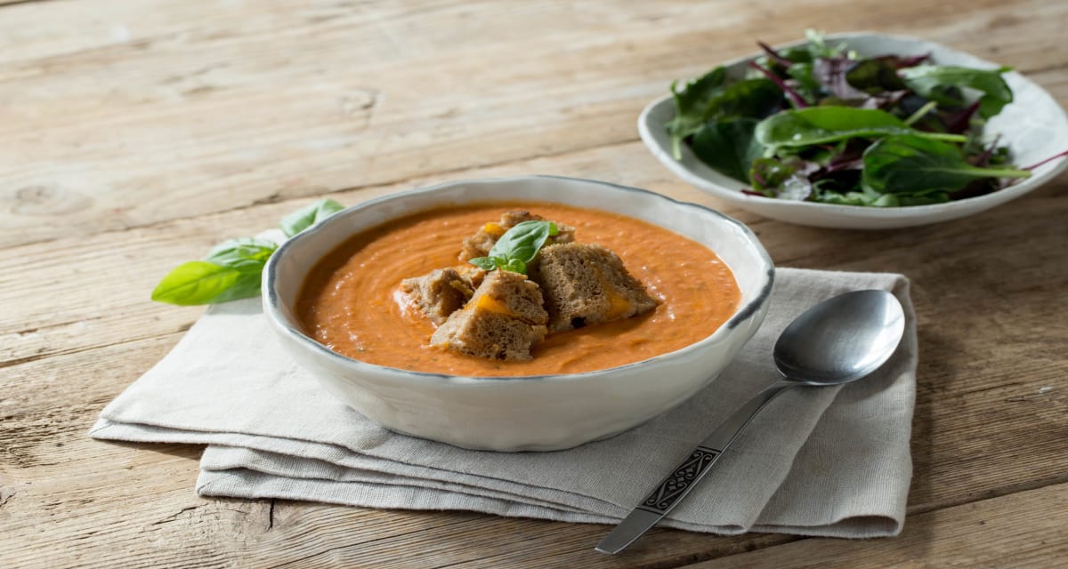Tomato Bisque with Grilled Cheese Croutons and Balsamic Greens Recipe