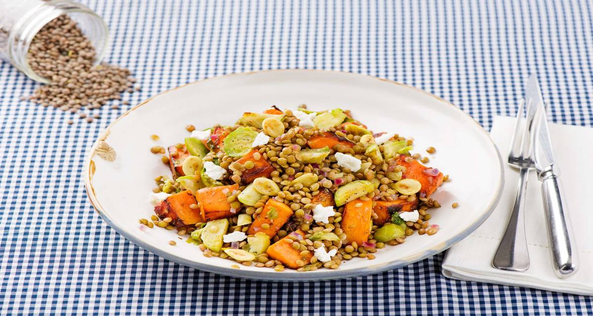 French Lentil Salad with Brussels Sprouts, HoneyRoasted Sweet Potatoes