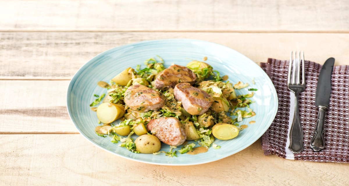 Pork Medallions with Tarragon Cream Sauce, Crispy Brussels Sprouts, and