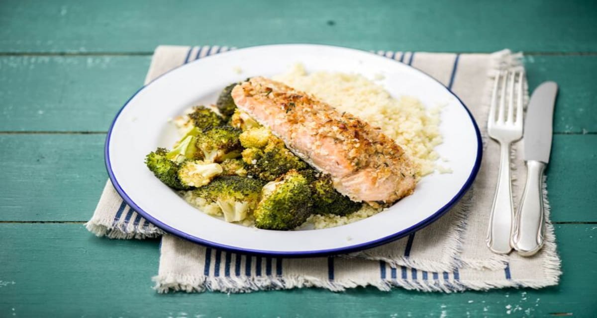 Walnut-Crusted Salmon with Crispy Broccoli and Pilaf-Style Couscous ...