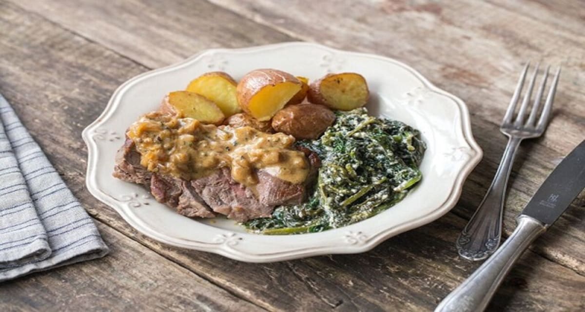 Peppercorn Steak with Crispy Roasted Potatoes and Creamed Kale-image