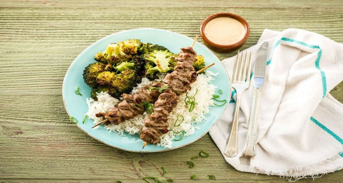 Thai Beef Satay with Crispy Broccoli, Peanut Sauce, and Jasmine Rice-image