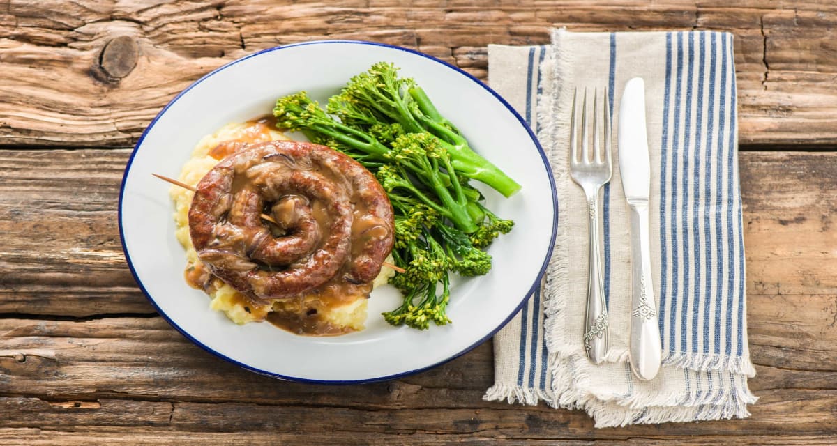 Curly Sausage, Celeriac Mash and Sticky Onion Gravy Recipe HelloFresh