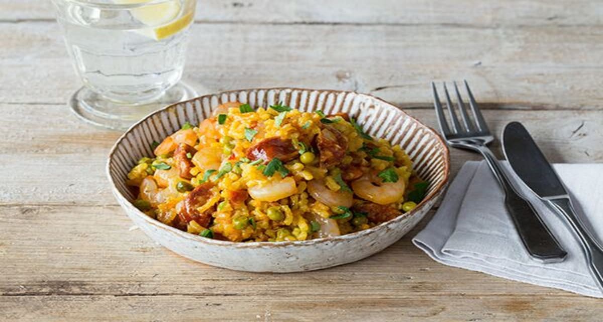 Shrimp and Chorizo Paella with Smoked Paprika, Tomato, and Peas-image