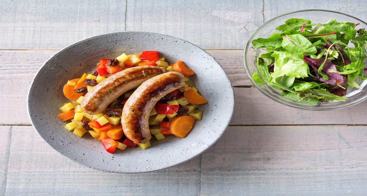 Potée aux légumes, merguez de boeuf et salade