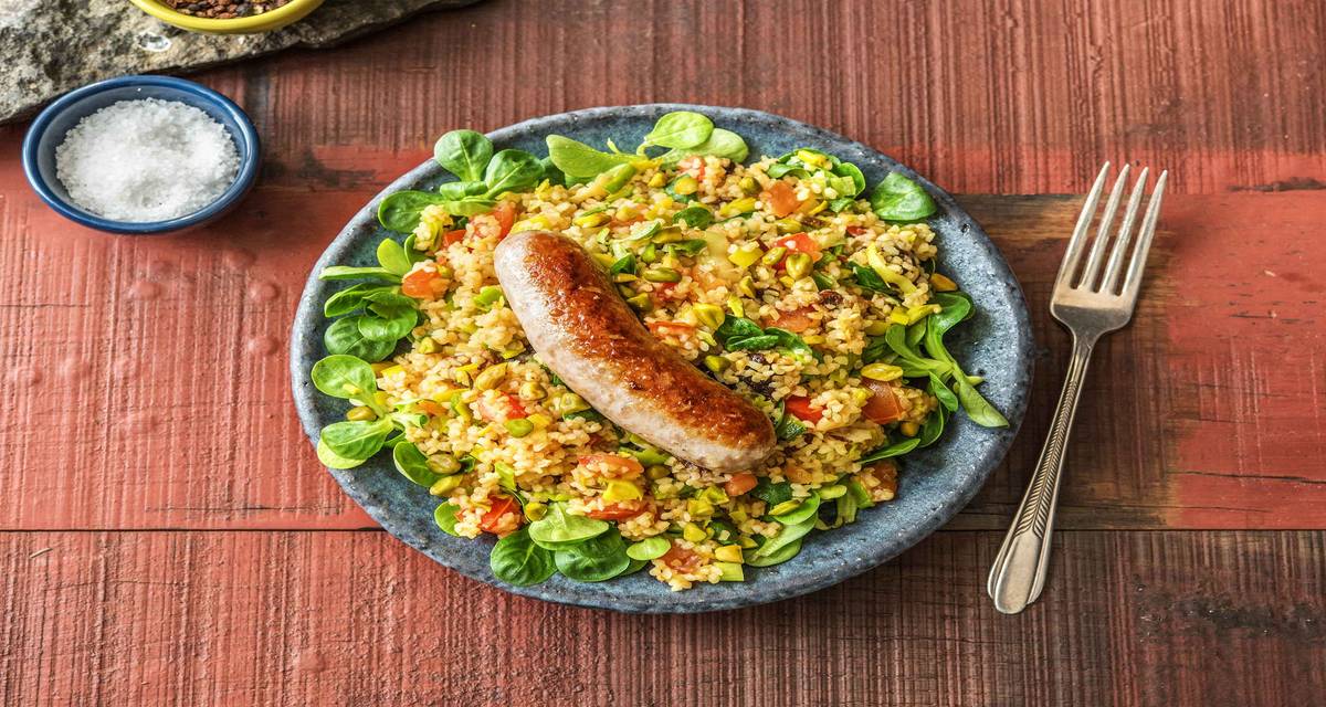 Boulgour et saucisse de Blanc bleu belge Avec des pistaches croquantes
