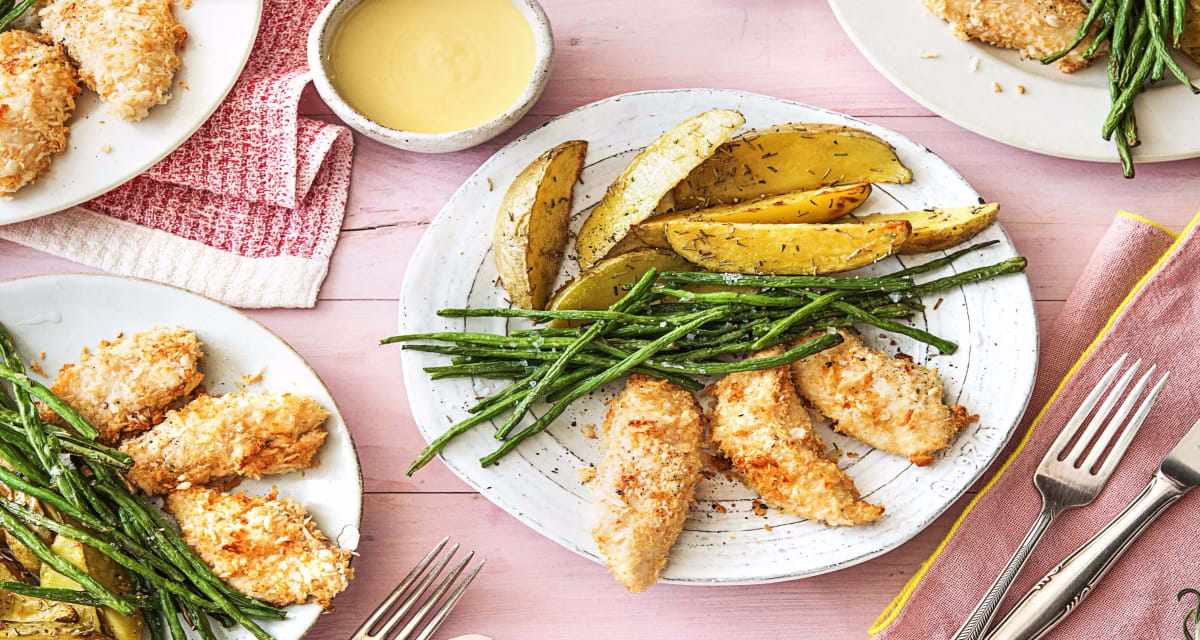 Parmesan Chicken Strips with Rosemary Fries, Green Beans, and Honey Mustard Sauce-image