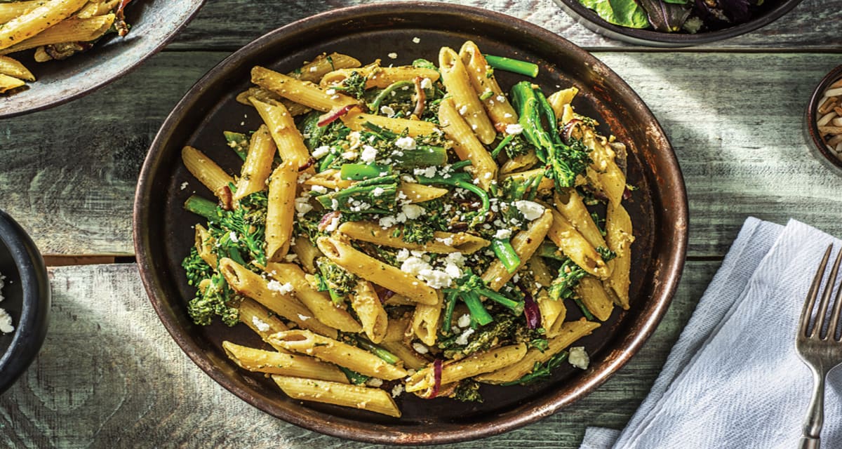 Vegetarian Speedy Lemon Basil Pesto Penne with Broccolini Fetta