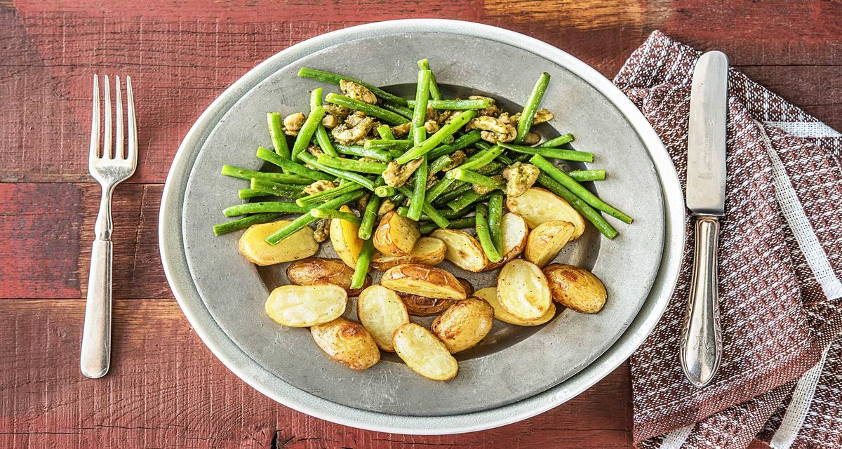 Ovenkrieltjes met kip en groene pesto Met sperziebonen