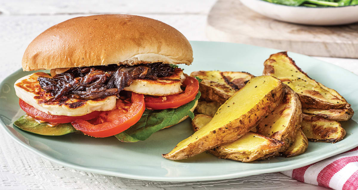 Haloumi Pesto Burger with Wedges Recipe HelloFresh