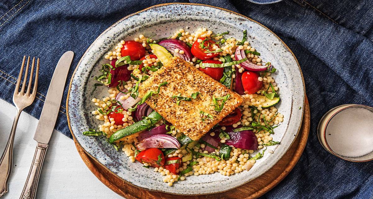 Za'atar Crusted Grilling Cheese with Sumac Roasted Veggies