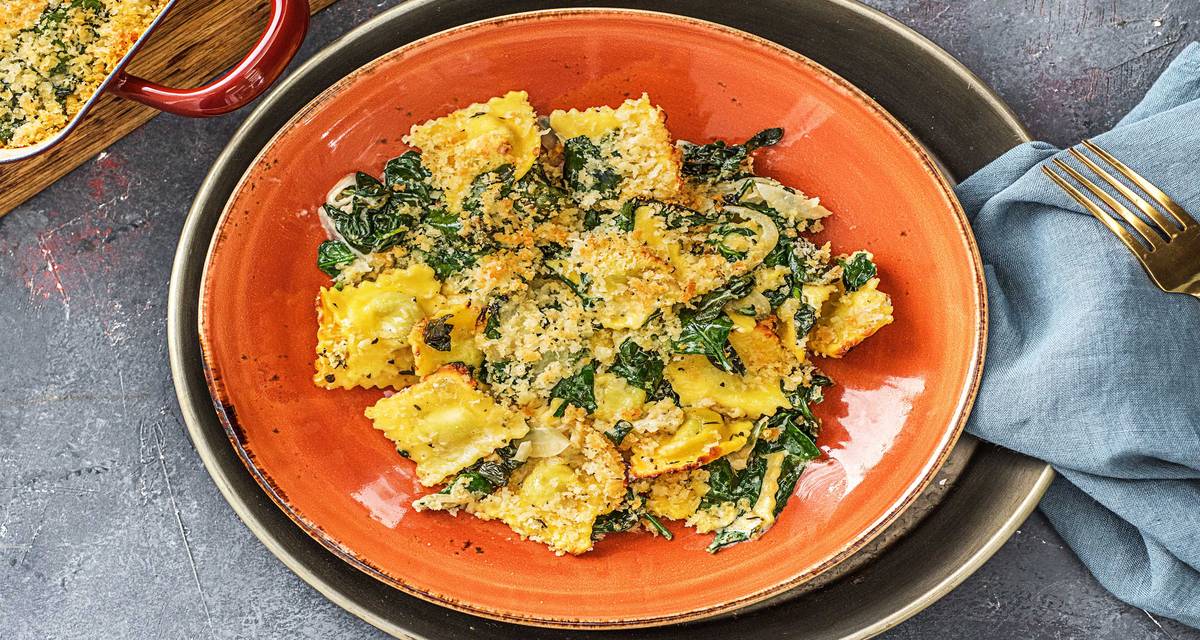 Easy-Peasy Ravioli Gratin with Spinach and Thyme
