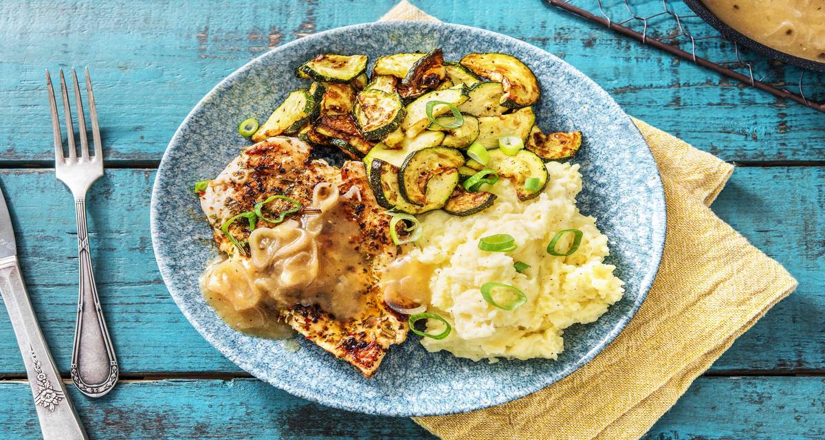 Herbed Chicken Cutlets with Creamy Mashed Potatoes and Roasted Zucchini