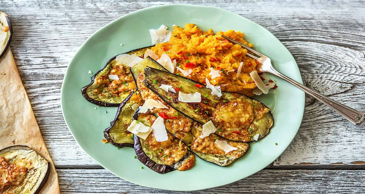 Purée de patates douces et aubergine gratinée Avec du chèvre vieux et de la ciboulette