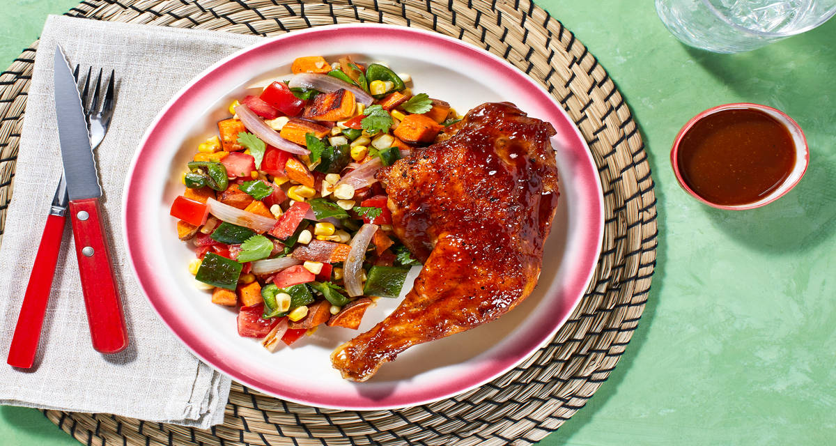 Hot Honey Barbecue Chicken Legs with a Charred Poblano, Corn, and Sweet Potato Salad