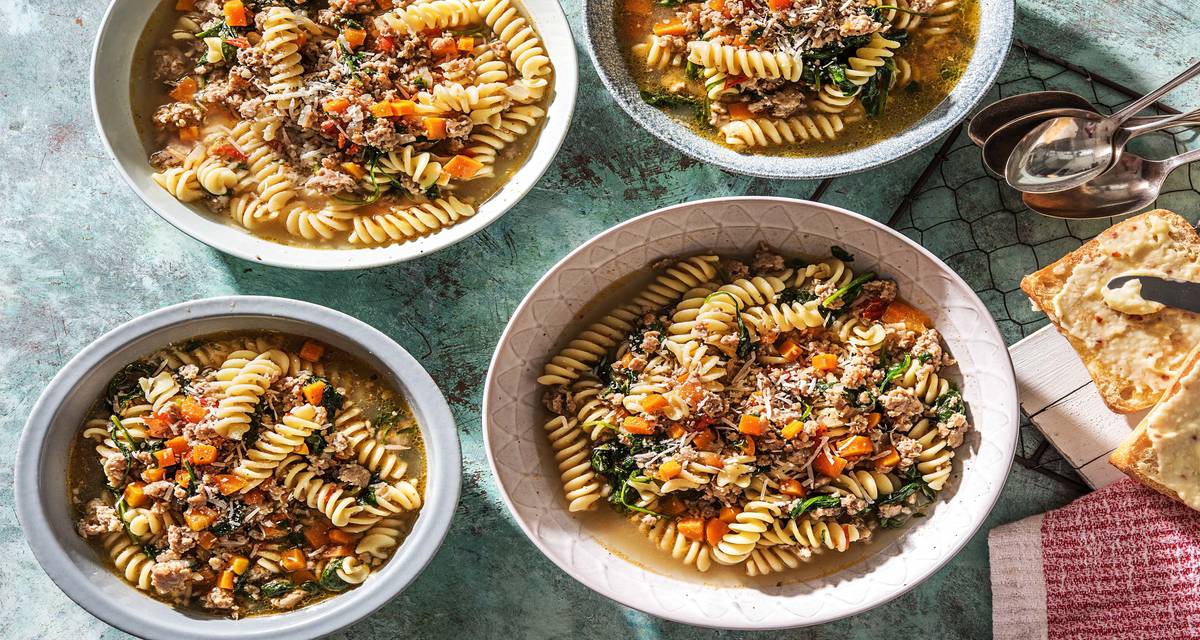 Italian Noodle Soup with Chicken Sausage, Fusilli Pasta, and Parmesan Toasts