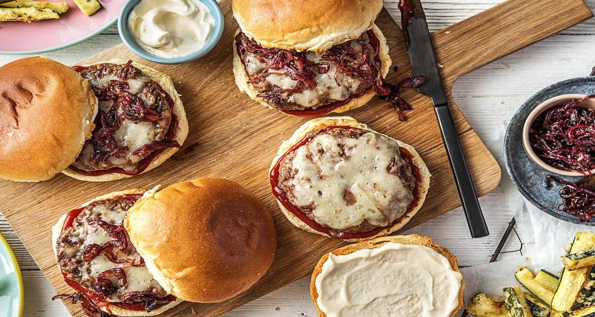 Melty Monterey Jack Burgers with Red Onion Jam and Crispy Zucchini