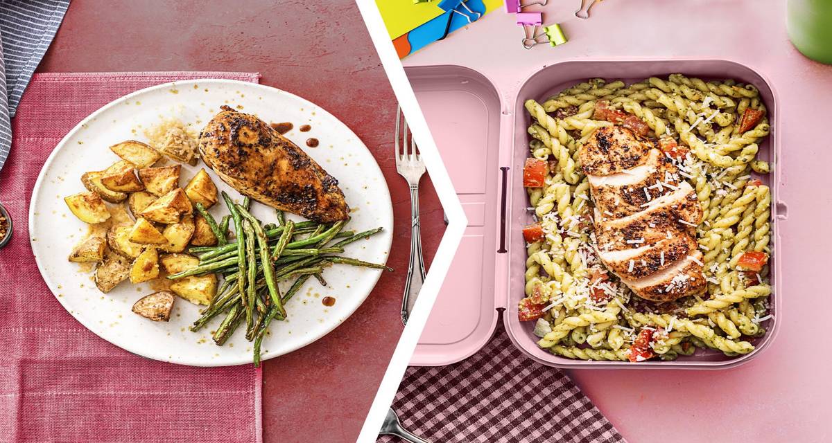 Balsamic Chicken Dinner with a Chicken Pesto Pasta for Lunch