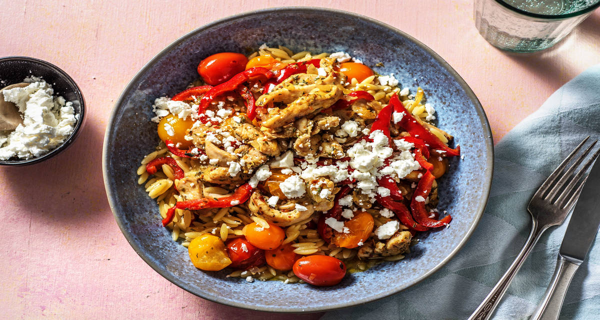 Orzo à la grecque au poulet et feta Avec du thym citron frais