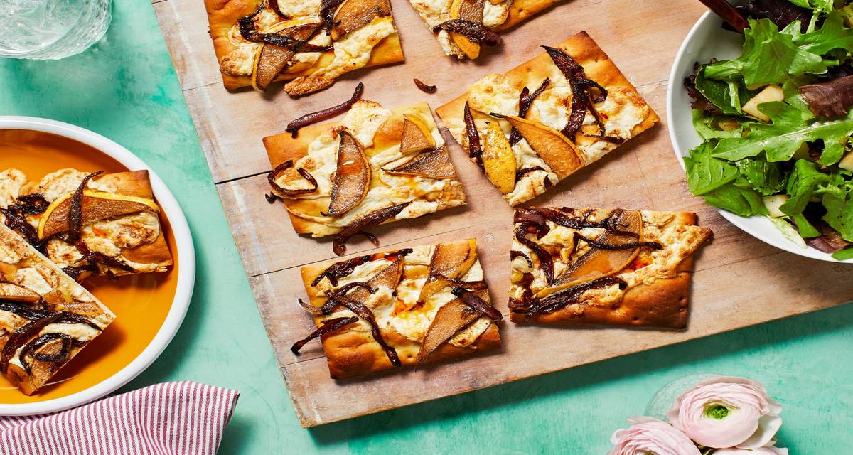 Pear and Balsamic Onion Flatbreads with Fresh Mozzarella and Chili Oil