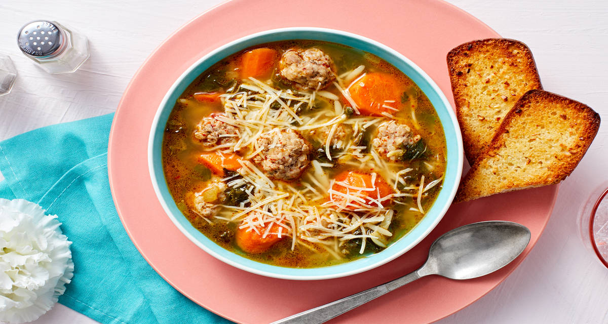 Italian Meatball Soup with Orzo, Kale, and Carrot