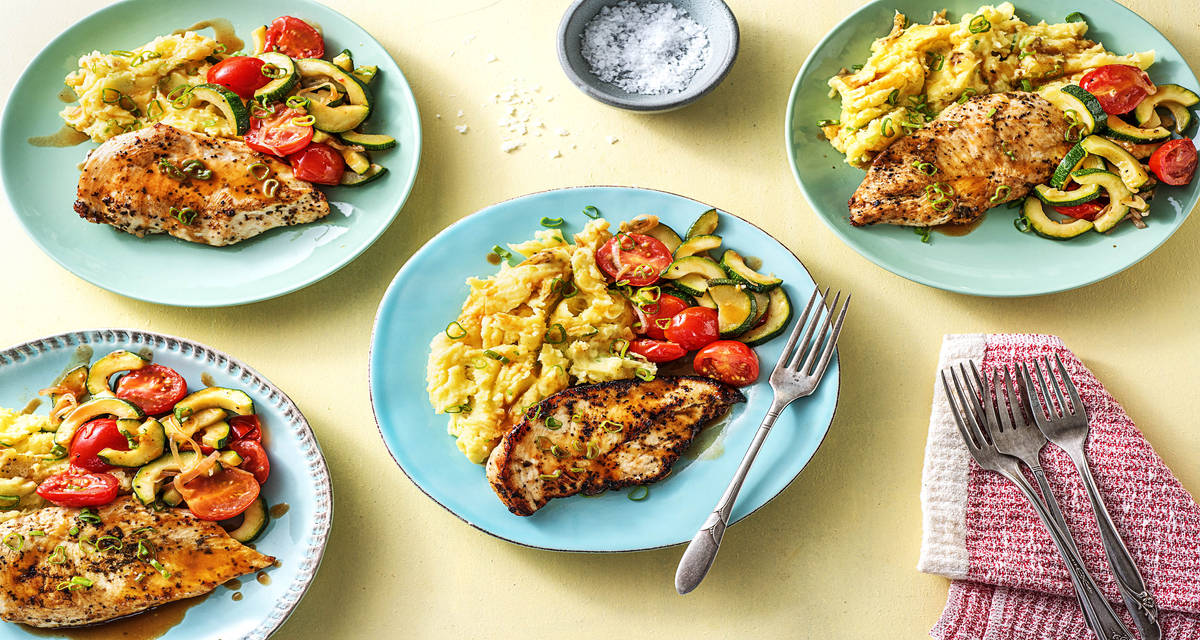 So Delizioso Chicken Cutlets with Cheesy Mashed Potatoes and Tomato Zucchini Jumble