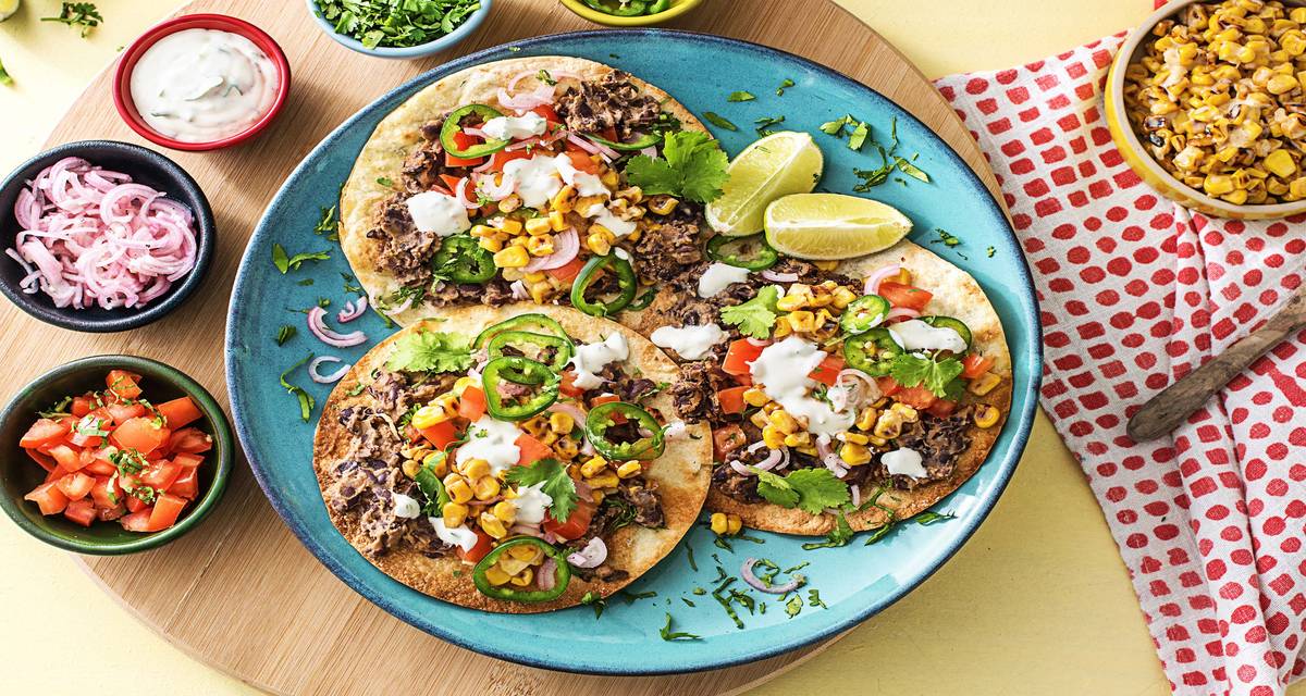 Cheesy Corn Tostadas with Black Beans and Tomato