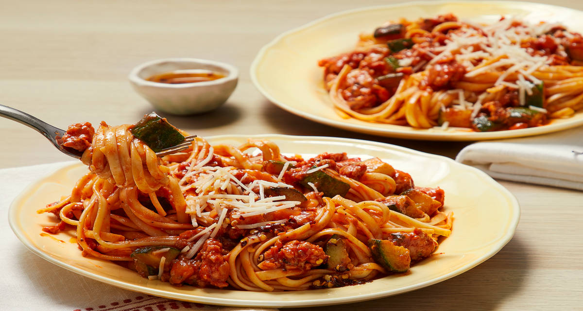 Chicken Sausage Linguine with Zucchini and Chili Oil