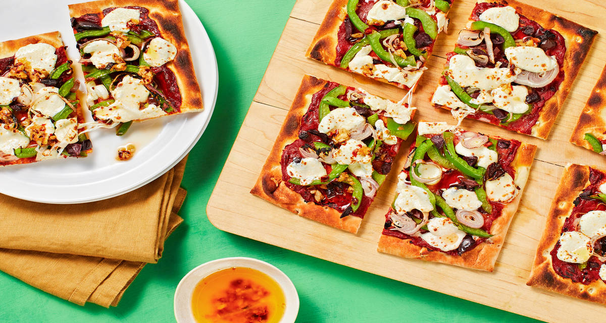 Green Pepper and Black Olive Flatbread with Chili Garlic Butter