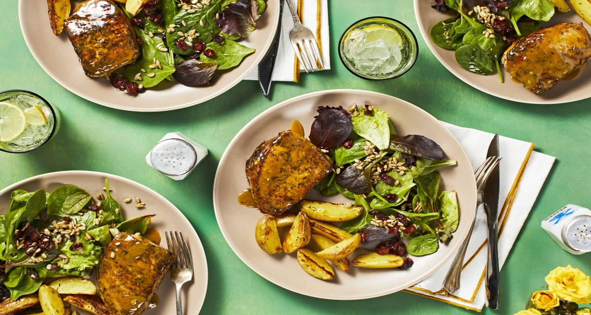 Maple Pork Chops with Roasted Potatoes and Salad Recipe | HelloFresh