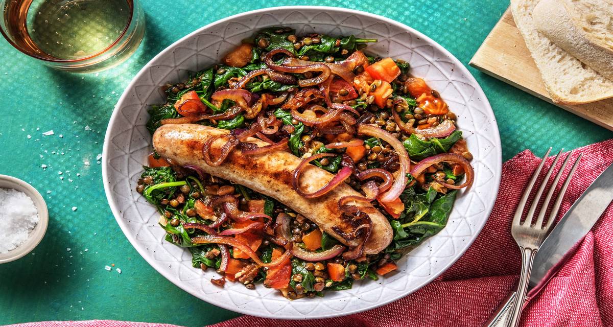 Mijoté de lentilles aux lardons et aux épinards Accompagné d’une saucisse fermière