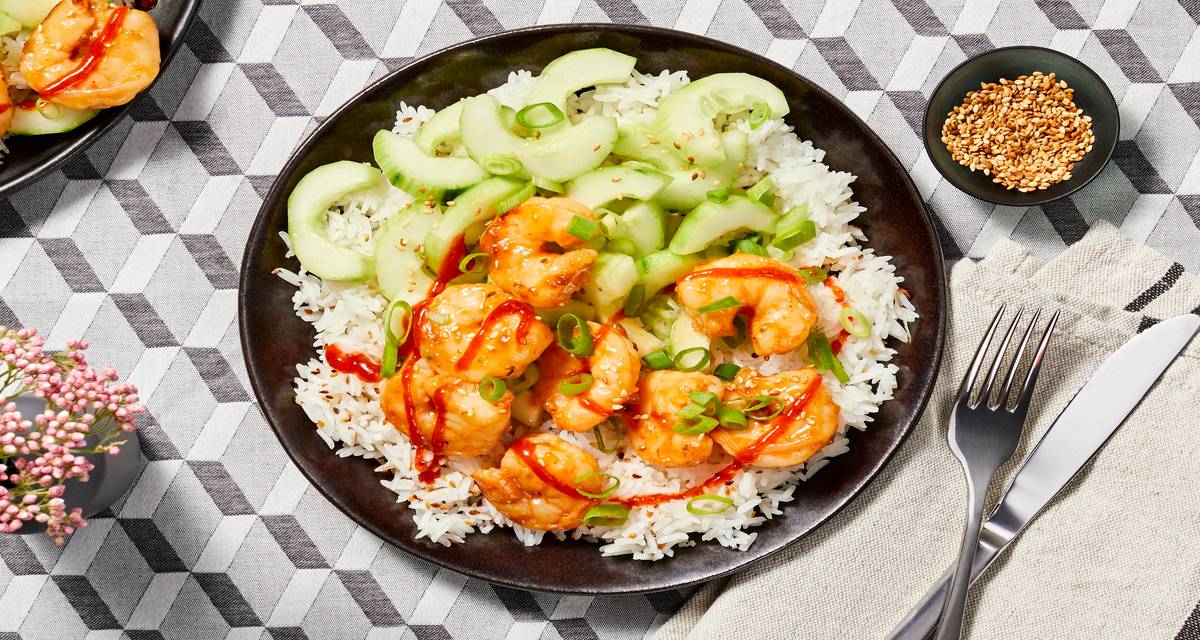 Sriracha Sesame Shrimp with Cucumber Salad and Jasmine Rice