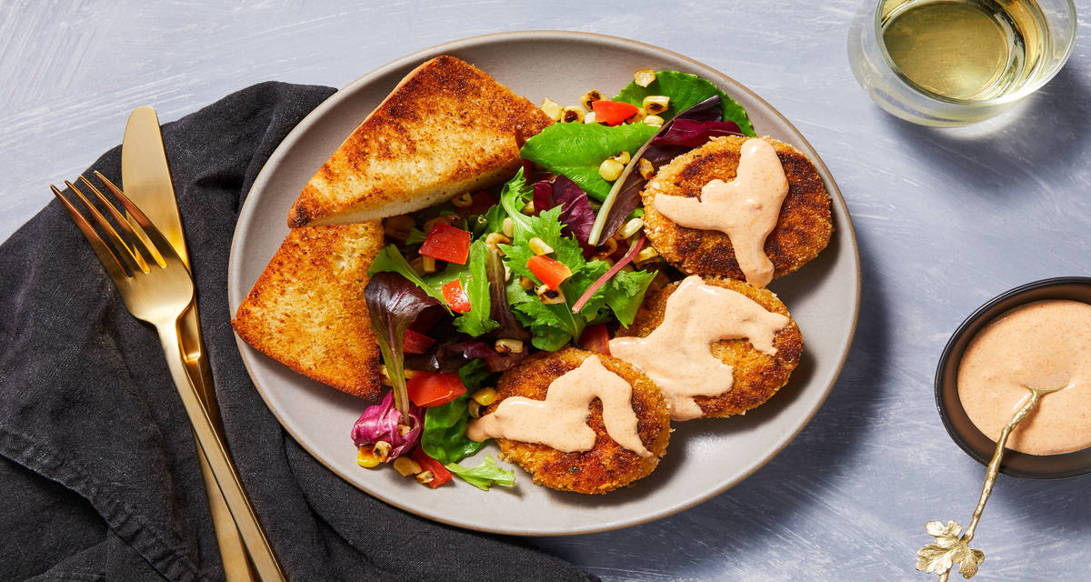 Crab Cakes and Chesapeake-Style Mayo with Garlic Toast and Charred Corn Salad