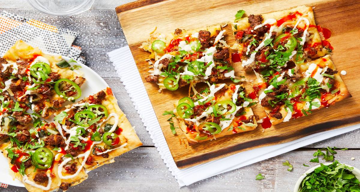 Beef Taco Flatbreads with Poblano and Jalapeño Peppers plus Two Kinds of Cheese