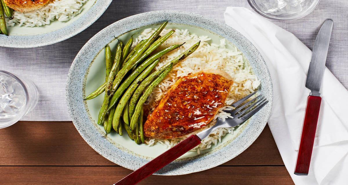 Apricot Ginger Chicken with Roasted Green Beans and Jasmine Rice
