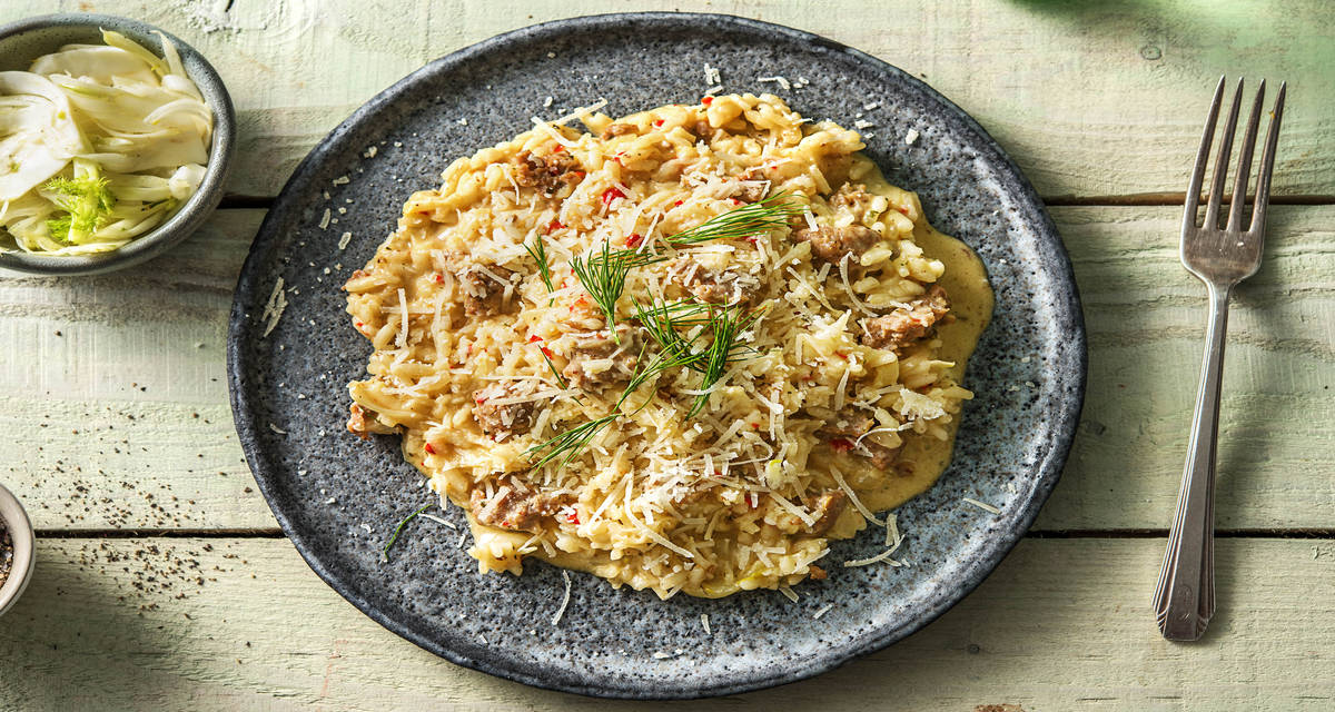 Risotto met venkel en gekruide varkensworst Met mascarpone en grana padano