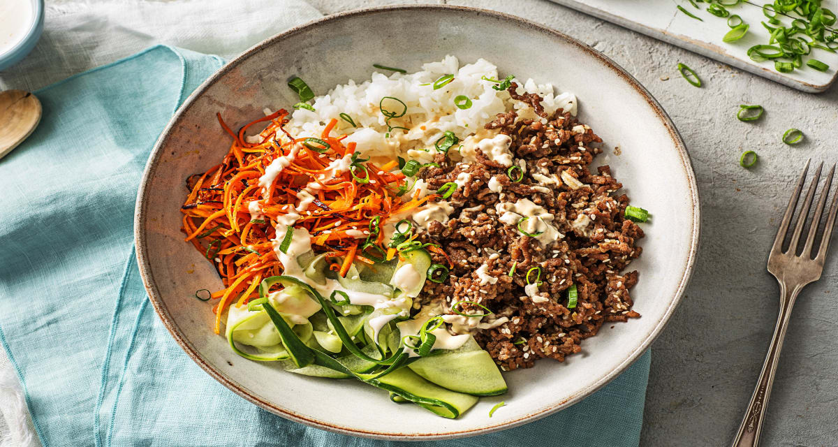 Beef Bulgogi Bowls with Carrots, Cucumber, and Sriracha Crema over Jasmine Rice-image