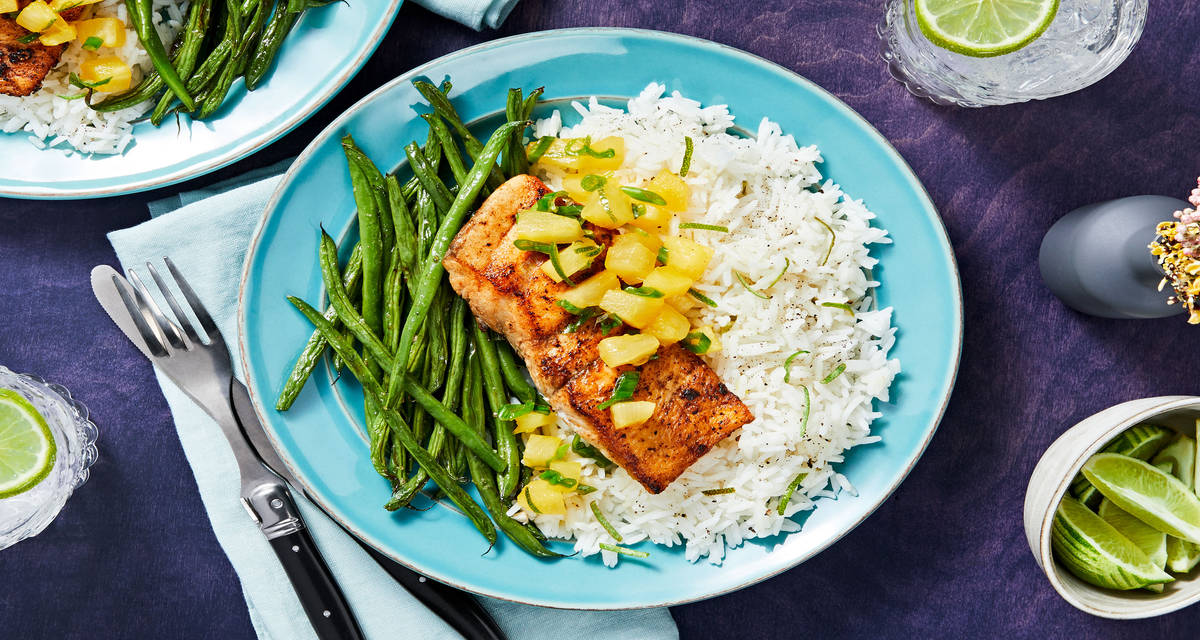 Barramundi with Pineapple Salsa with Scallion Rice and Roasted Green Beans