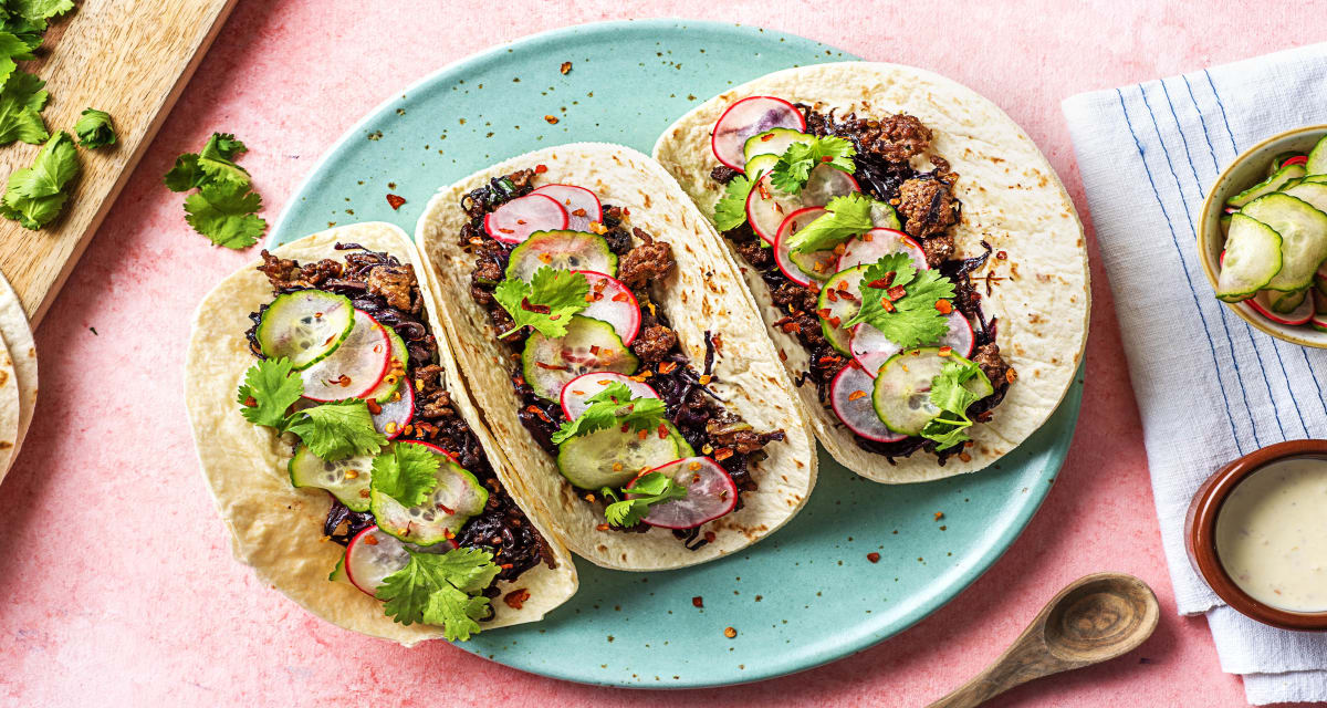 Sesame Beef Tacos With Quick-Pickled Veggies And Chili Crema-image