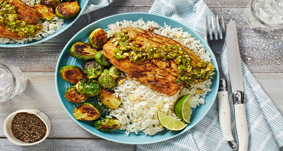 Barramundi and Scallion Sriracha Pesto with Buttery Ginger Rice and Roasted Brussels Sprouts