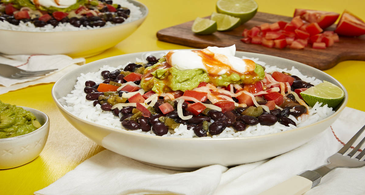 Salsa Verde Black Bean Bowl with Guacamole and Sour Cream (serves 2 people)