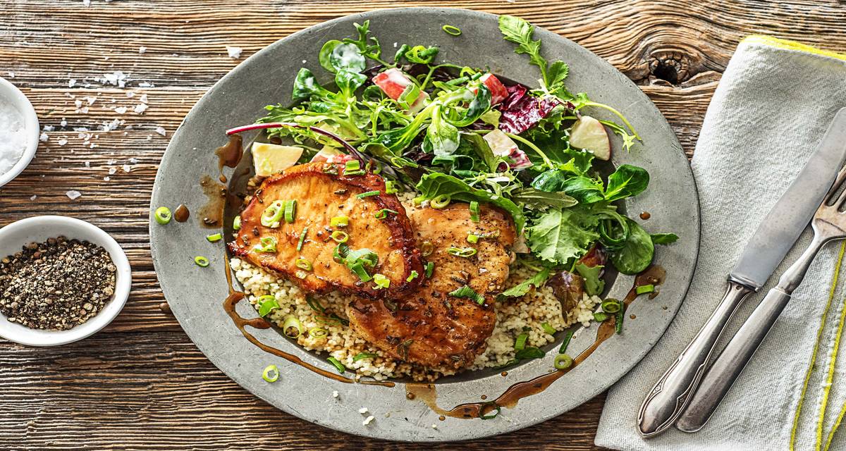 Maple and Rosemary-Glazed Pork Cutlets with Couscous and a Creamy Apple Salad